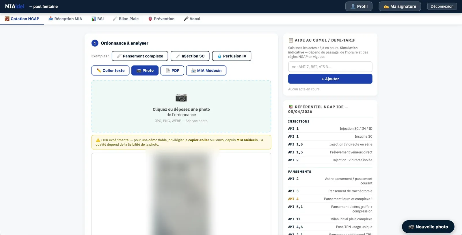 MIAidel — analyse d'une ordonnance réelle et référentiel NGAP à jour.